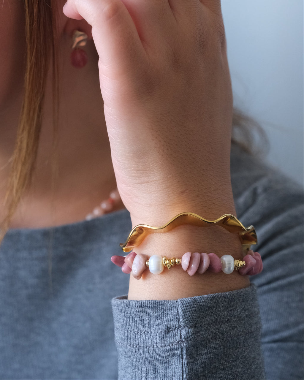 Armband Floraison - Rodokrosit & sötvattenspärla
