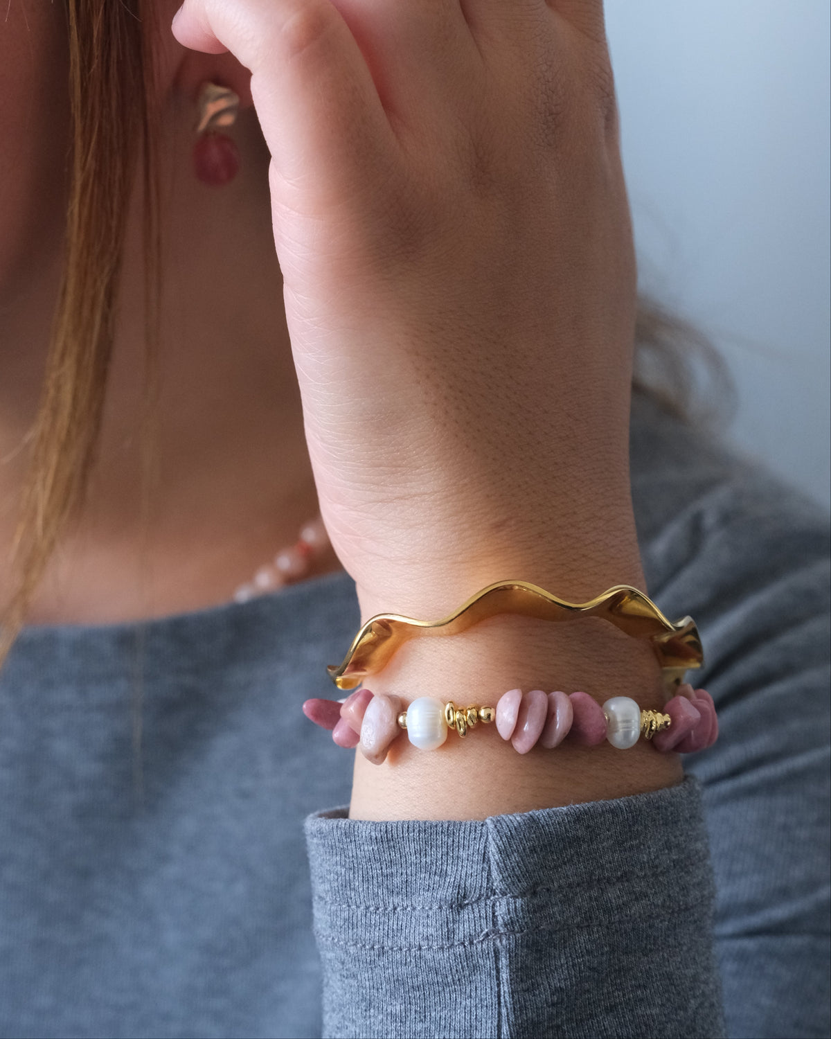 Armband Floraison - Rodokrosit & sötvattenspärla